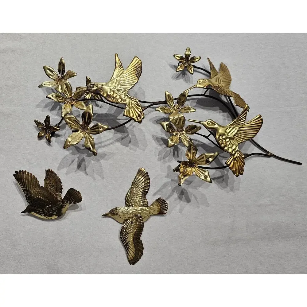 Vintage Homco Metal Wall Decor Hummingbirds Flowers Brass MCM Home Interiors Set